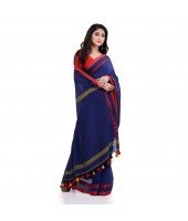 Women`s Traditional Bengali Tant Handloom Cotton Saree Loveria Design With Blouse Piece(Deep Blue)